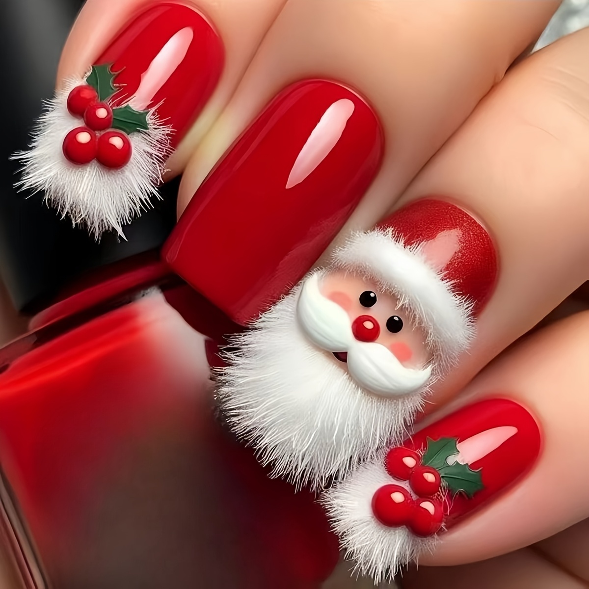 TEMU Édition limitée des fêtes : Faux ongles en peluche Père Noël et de houx, maquillage et ludique pour fête de Noël, ongles décoratifs pour une