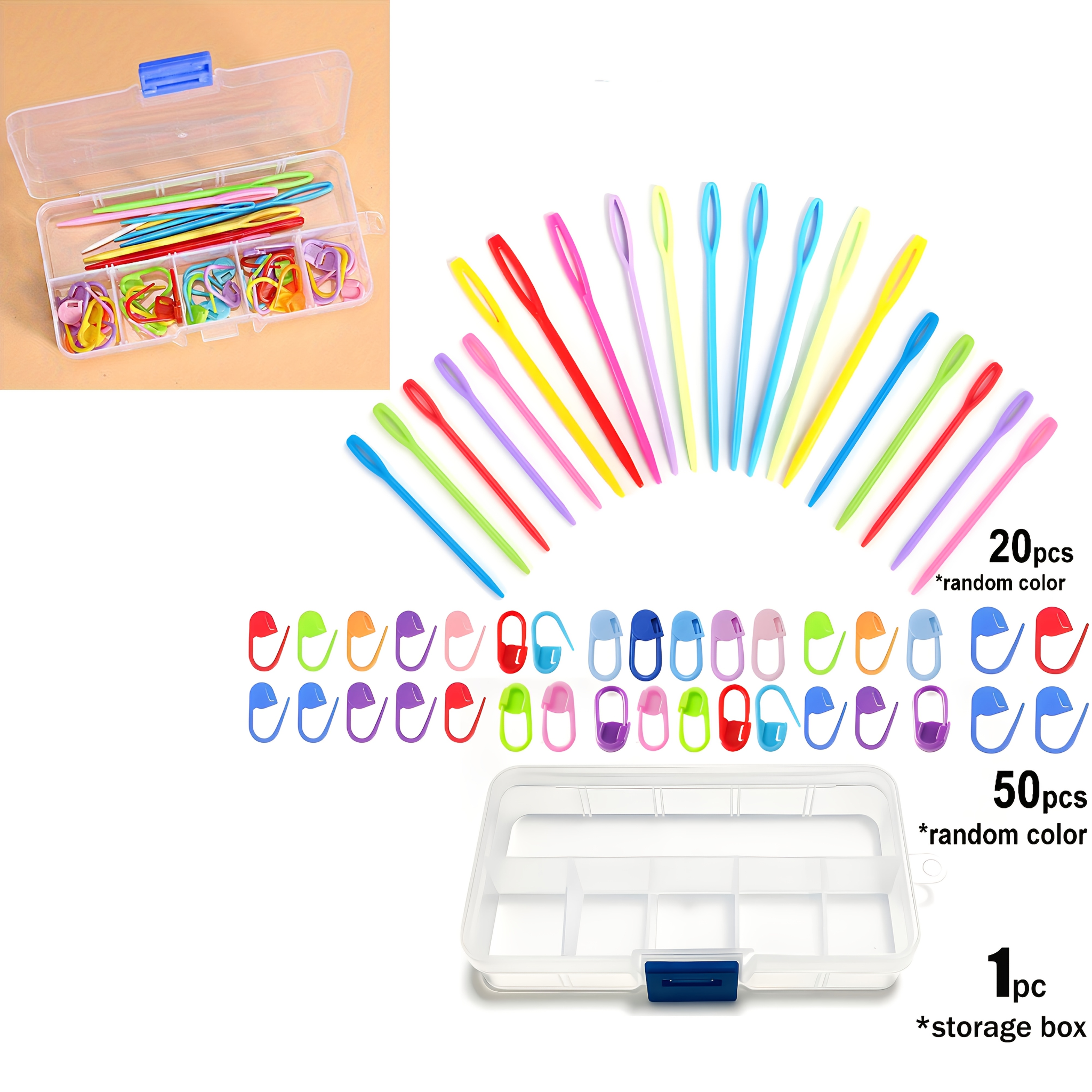 71pcs Crochet Knitting Accessory Kit With Storage Box, 50pcs Color Marking Buckles, 20pcs Plastic Knitting Needles, Household Sewing Accessories