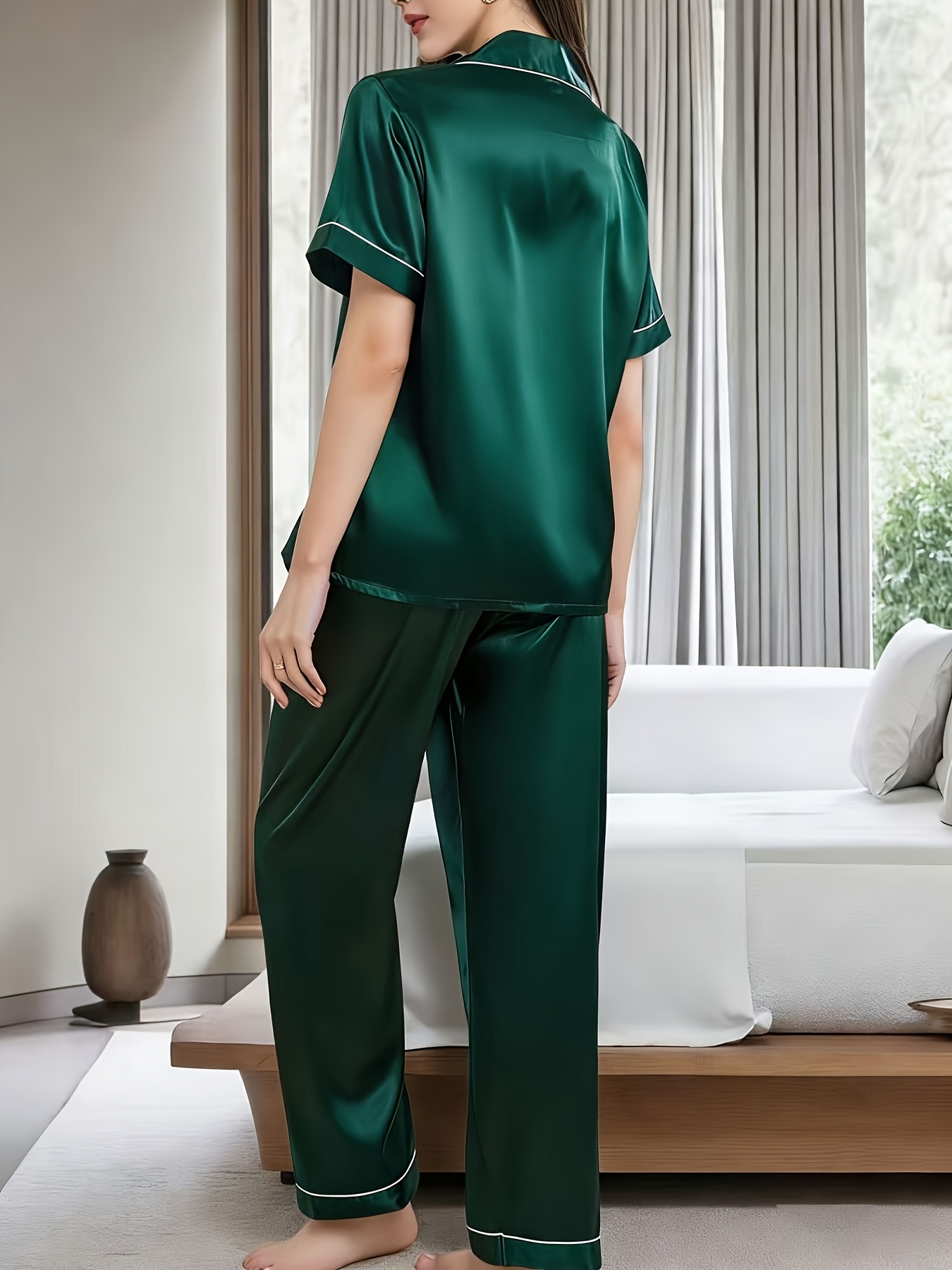 satin spring and summer loungewear for women featuring short sleeves long pants a easy design and a collared cardigan Product details 18