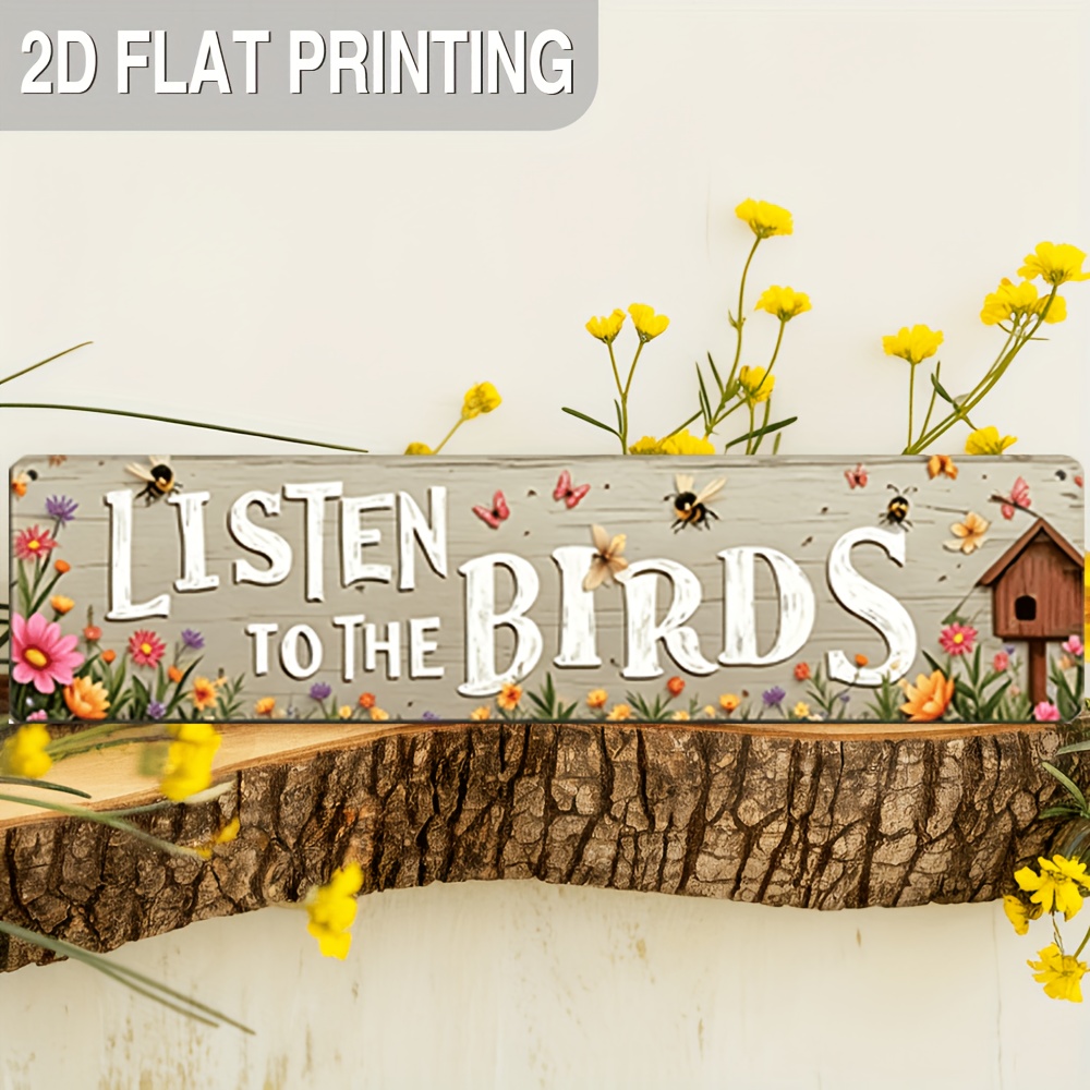 TEMU 2d Flat, 2d Flat 1pc "listen To The Birds" Aluminum Wall Art - Spring Theme With Wildflowers And Bees, Decor, 9.91x39.88cm, No Electricity