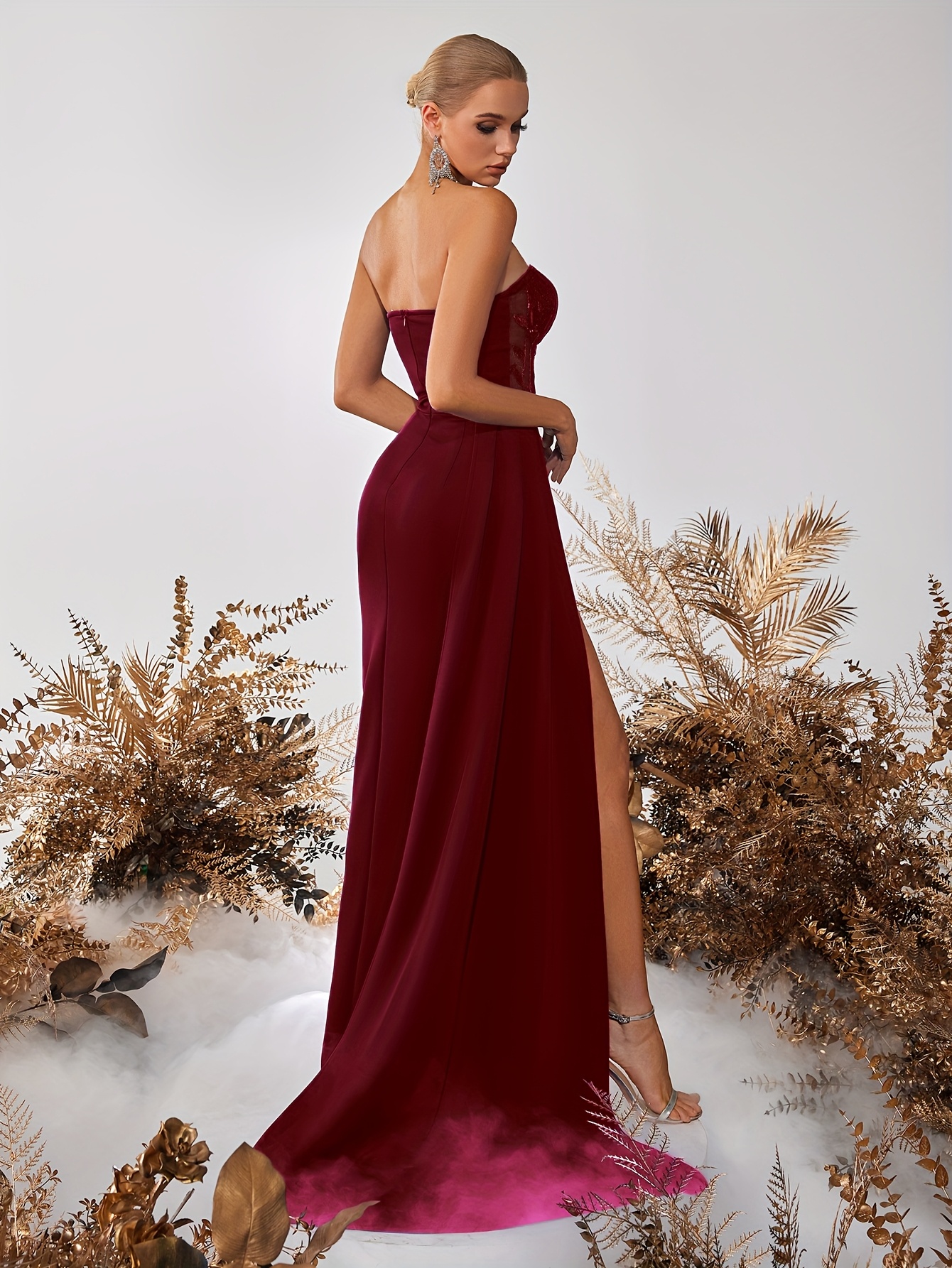 strapless open back dress Muted Clay Long Sleeve Midi Dress With Scarf – shopaleena