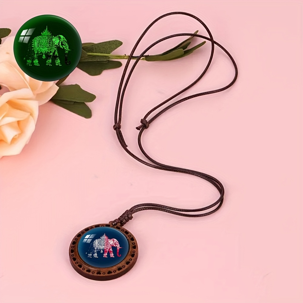 Thai Elephant Pattern Wooden Pendant Necklace, Unisex Gift