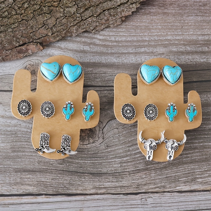 

8pcs, Trendy Retro Style Turquoise Earrings, Love Cactus Cow Head Cowboy Boot Earring Set, Niche Minimalist Earrings