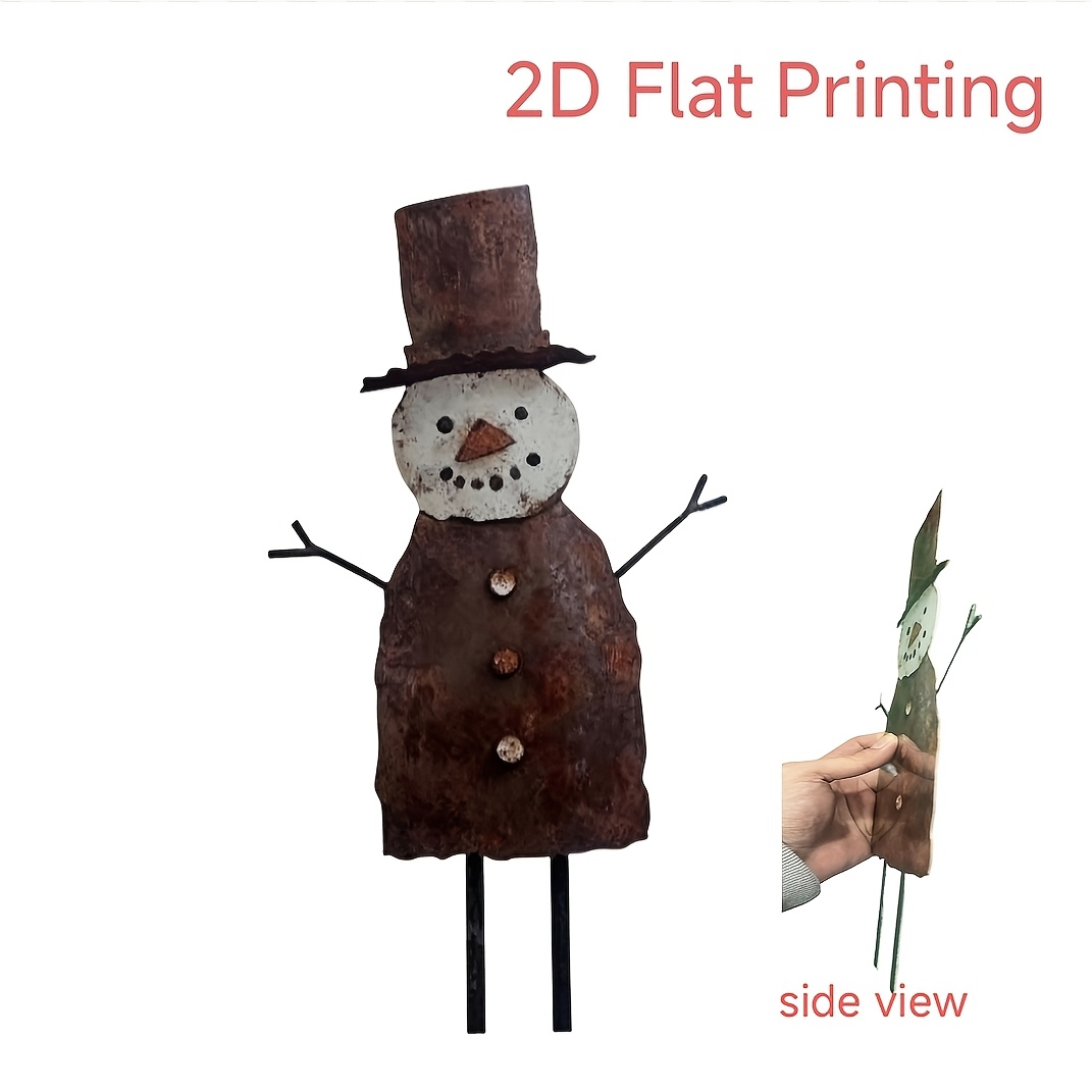 TEMU 2d Flat, [2d Flat] 2d Flat - 2d Flat 2d Printed Metal Snowman Garden Stake, Winter Christmas Outdoor Garden Decoration, Rustic Snowman Yard Art,