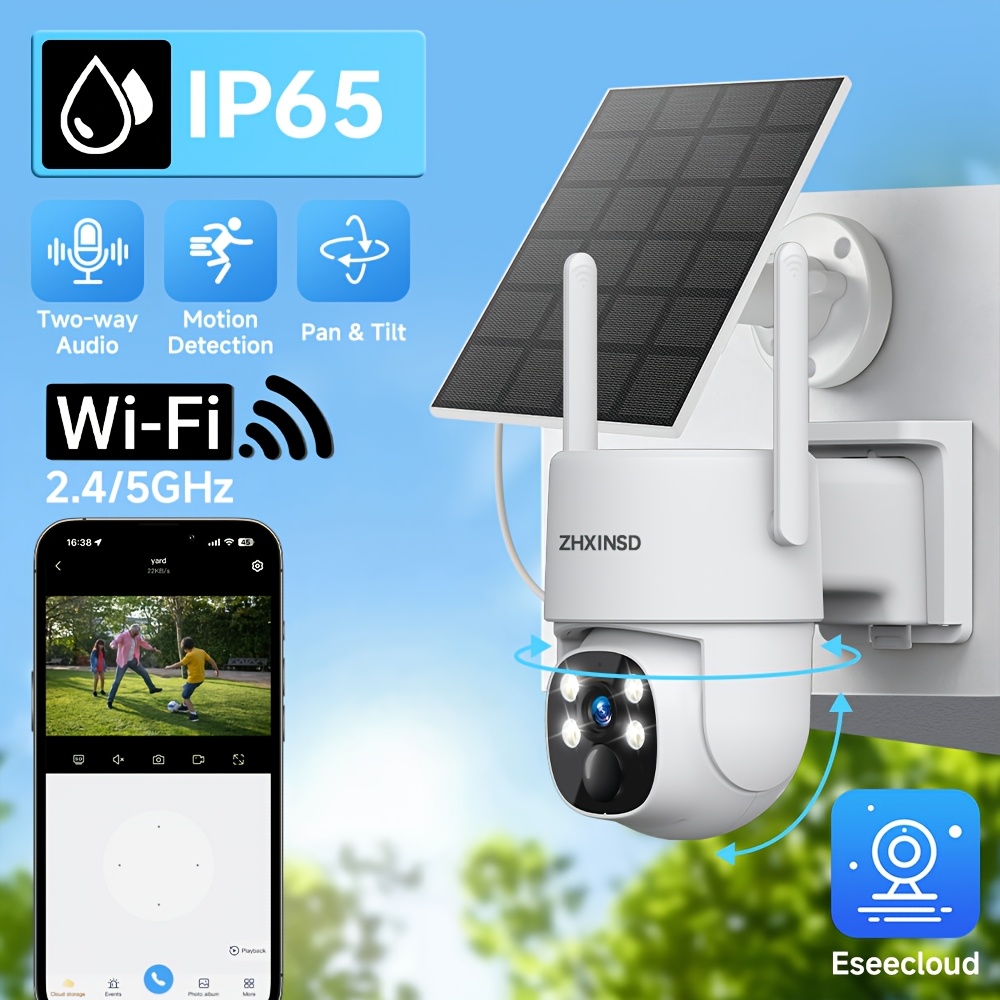 item picture 1440P Solar Security Camera Outdoor, Wireless Solar Wifi Camera, Solar Battery Surveillance Camera, Pan Tilt PTZ IP Camera for Home Security Monitoring, 7800mAh Rechargeable Battery, Motion Detection, Color Night Vision, 2-Way Audio, APP Alarm, IP65