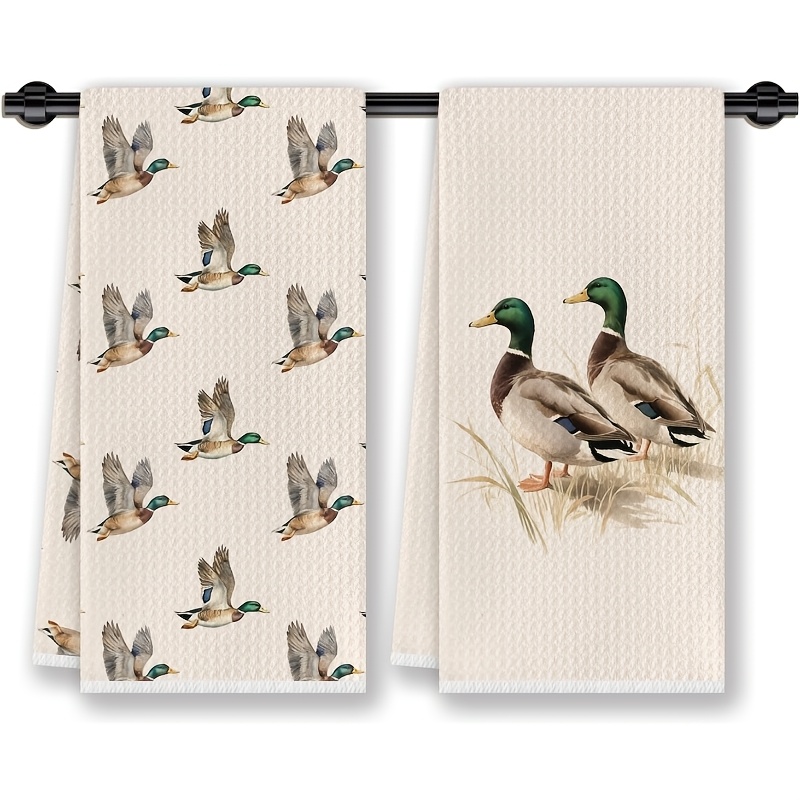 TEMU Cleaning Cloth 2pcs Kitchen Towel, Farmhouse Mallard Duck Kitchen Dishcloth, Mallard Duck Decor, Rustic Farm Animal Duck Hunting Decorative Hand