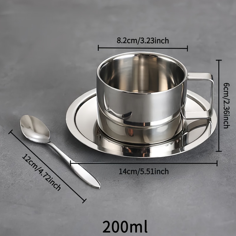 TEMU 1 Set 304 Stainless Steel Teacup Set Including Spoons Saucers, Suitable As Coffee Cups Teacups, Ideal For Daily Family Use, Gardens, Cafes &