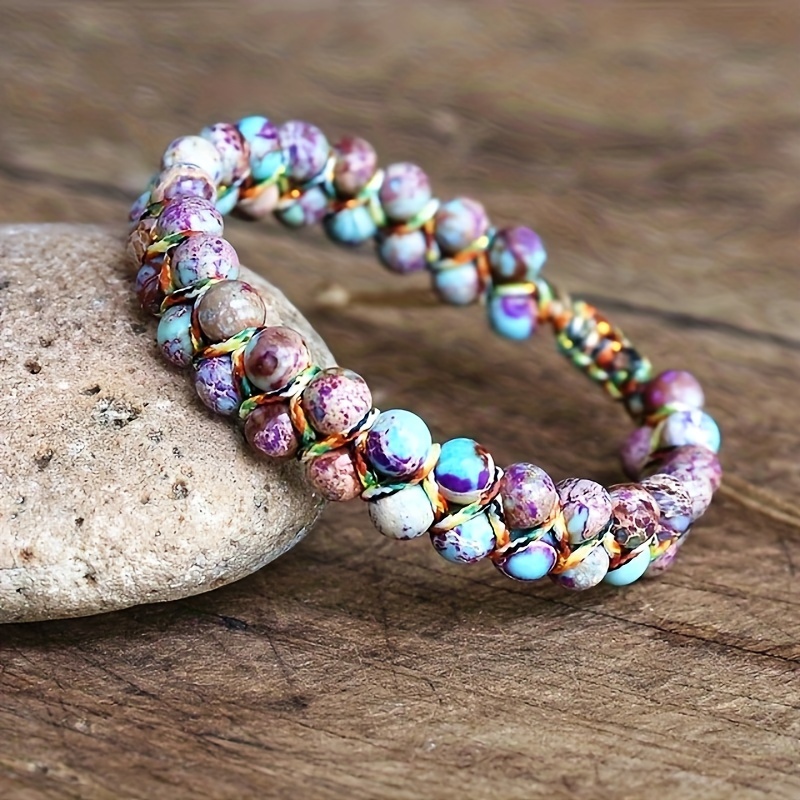 

2pcs Layers Imperial Jasper Beads Bracelet Colorful Natural Stone Beaded Bracelet Hand Woven Adjustable Bracelet