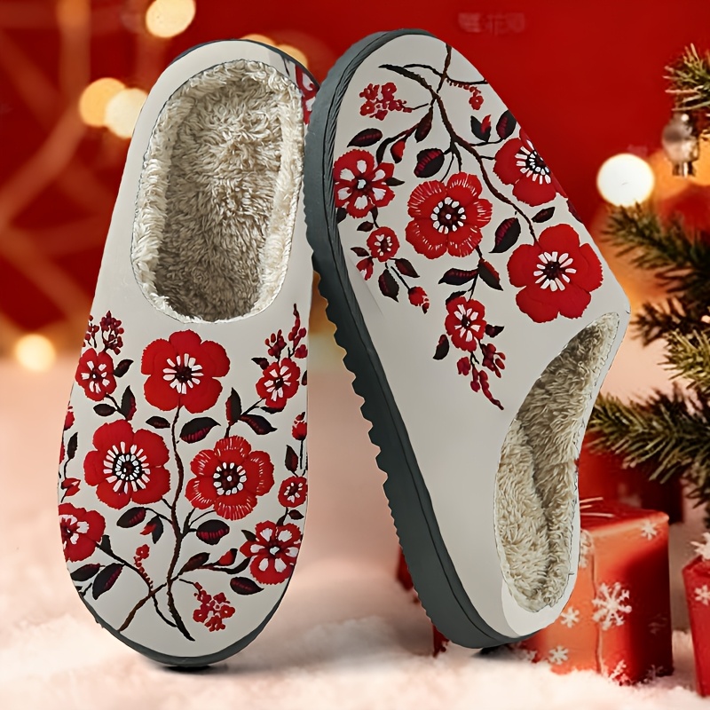 TEMU 1 Pair Women's Warm Winter Slippers With Red Floral Pattern House Shoes - Indoor/outdoor Soft Sole Suitable For Home, Tpr Sole & Cushioned ,