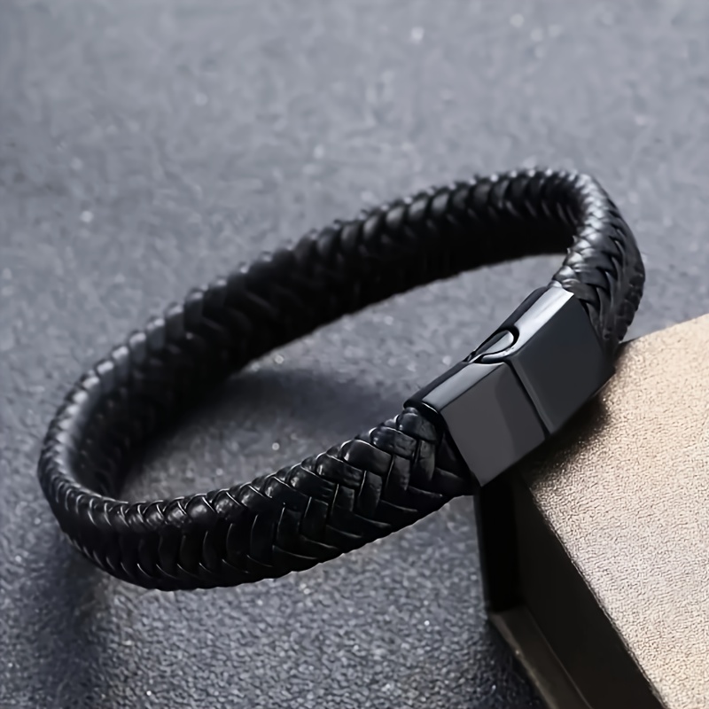 

Men'-inspired Braided Leather Bracelet With Sleek Magnetic Clasp, Casual Black Wristband - No