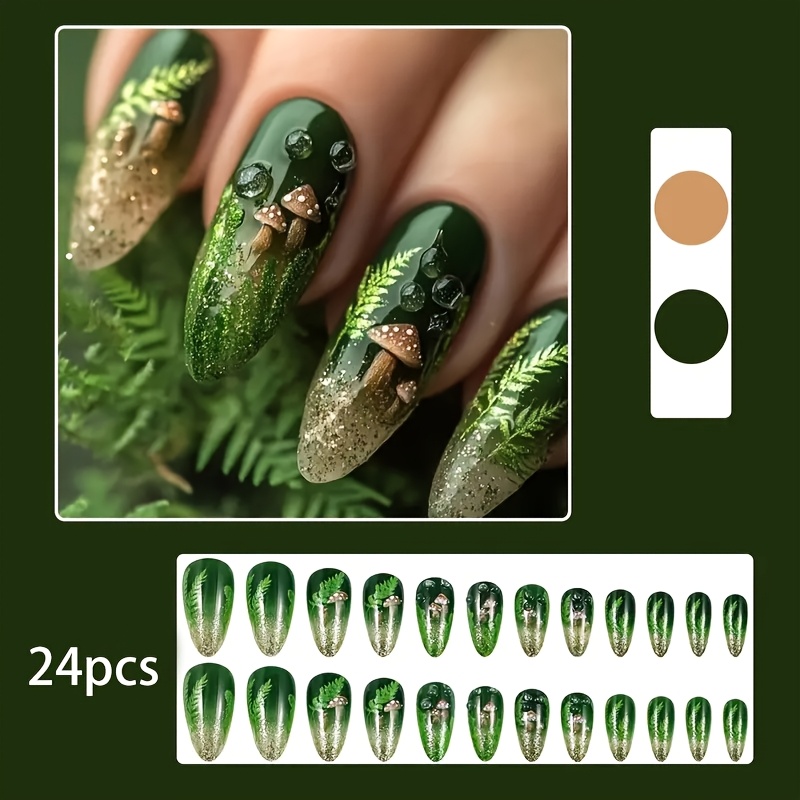 Image of Forest Green Ombre Almond-shaped Press-on Nails With Mushroom & Fern Design - Short Length, Glossy Finish For Women, Stylish Manicure | Mushroom Pattern | Gradient Effect Nails