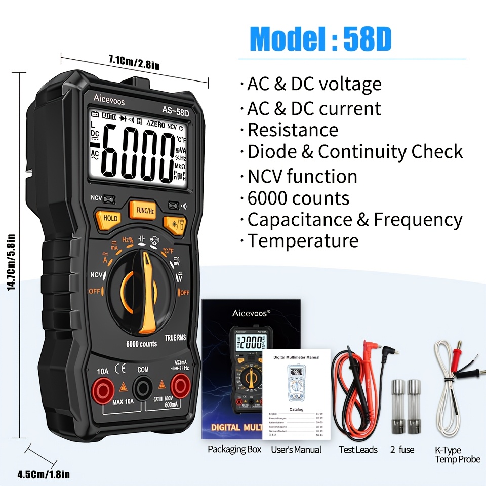 Image of Professional Digital Multimeter With Technology & Ncv Detector Suitable For Electricians, Ac/ Voltage/current Meter, Ohm Tester, /frequency Detector, Buzzer Alarm, Auto Range For, Workshop, Use