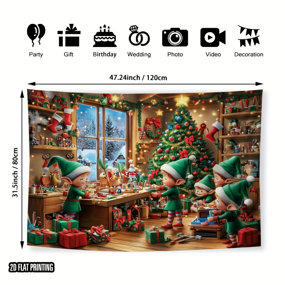 TEMU 2d Flat, 1pc Christmas Workshop Backdrop With Little , Factory Scene & Snowy Window - Fabric Banner For /outdoor Holiday Decorations, Parties,