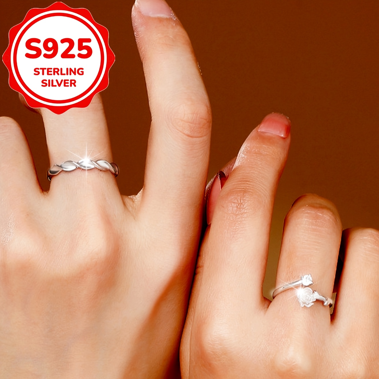 2pcs S925 Sterling Silver Mountain Camellia Couple Band Rings