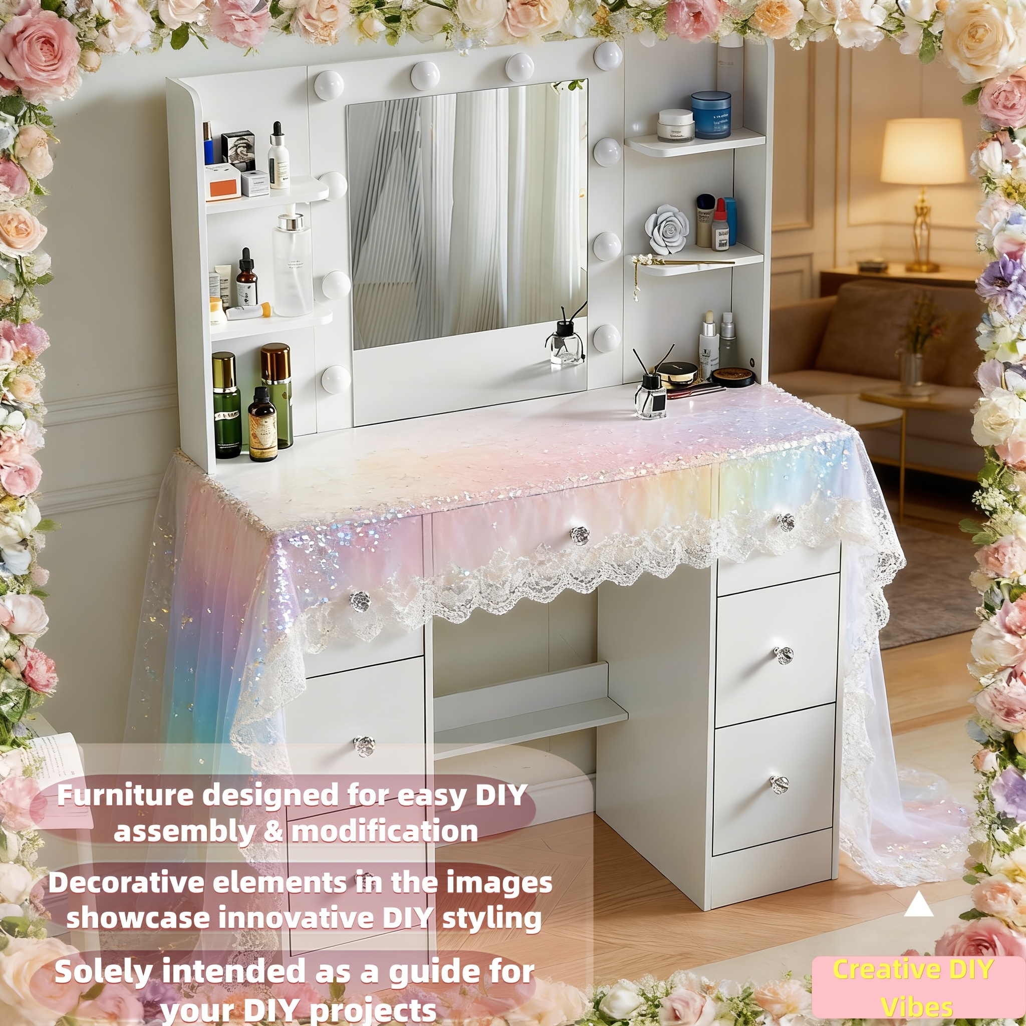 DIY-Friendly Modern Nordic Solid Wood Desk with Adjustable Lighting & LED Mirror