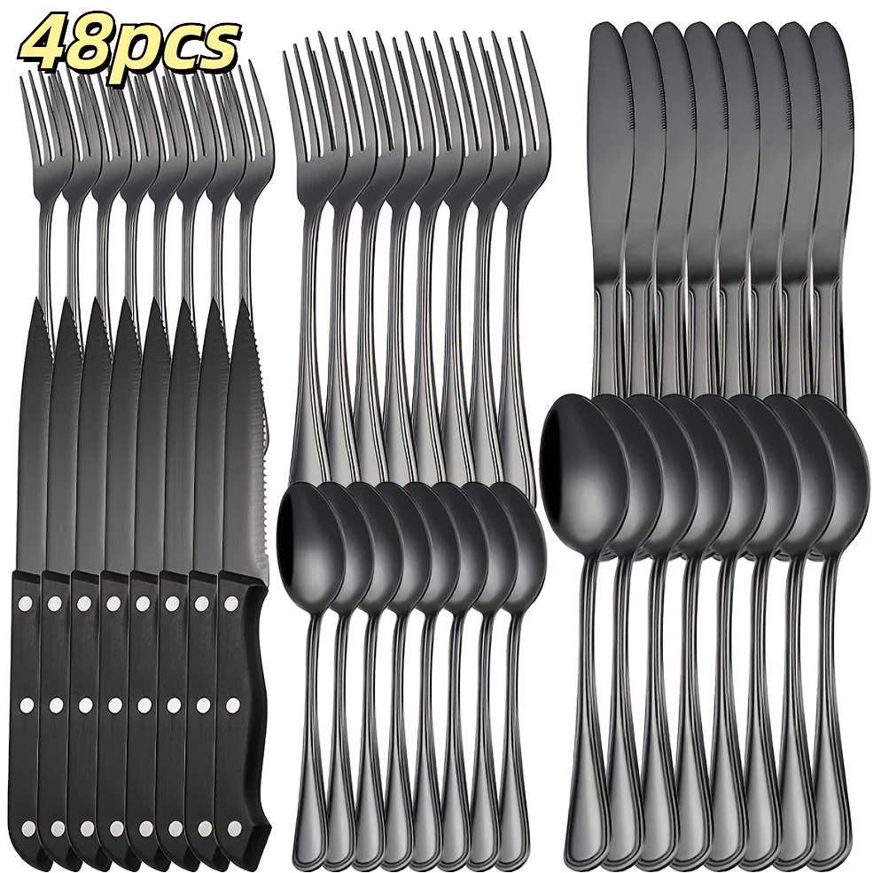 

48pcs Black Silverware Set For 8, Stainless Steel Flatware Cutlery Set With Steak Knives, Tableware Set, Includes Spoons Forks Knives For , Dishwasher Safe