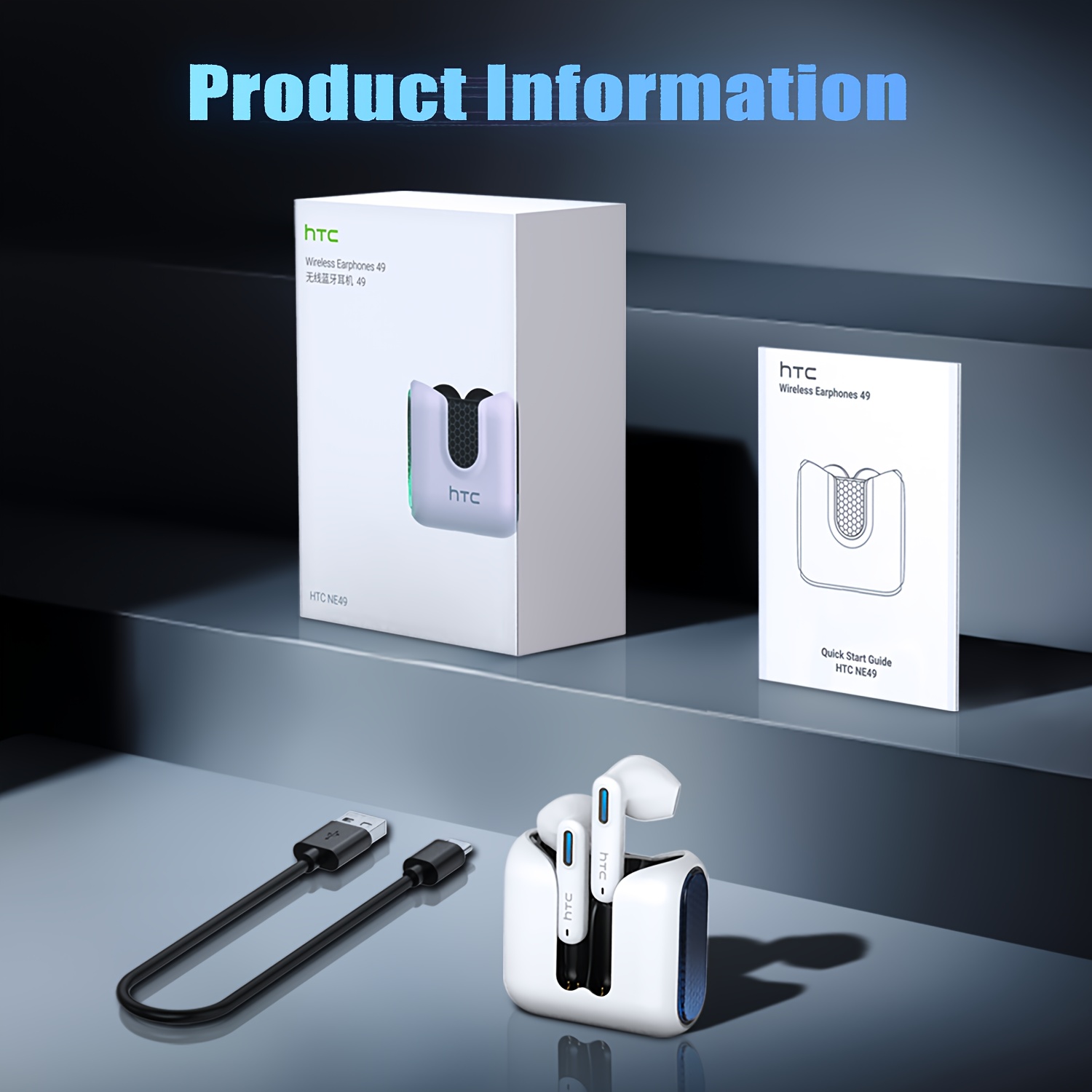 Écouteurs traducteurs sans fil HTC NE49 TWS avec traduction multi-langues, son HD, suppression du bruit, micro intégré, rechargeables par USB, batterie