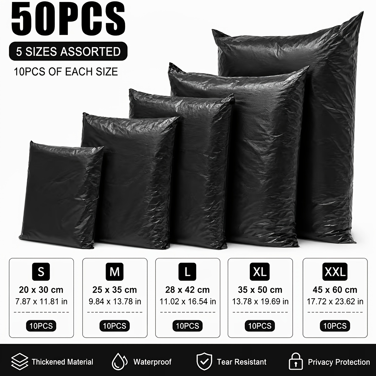 TEMU Mixed 50pcs Black Courier Bags, Mailing Bags, Envelope Storage Bags, Self-adhesive Plastic Packaging Bags. 5 Sizes (10pcs Each), Suitable For