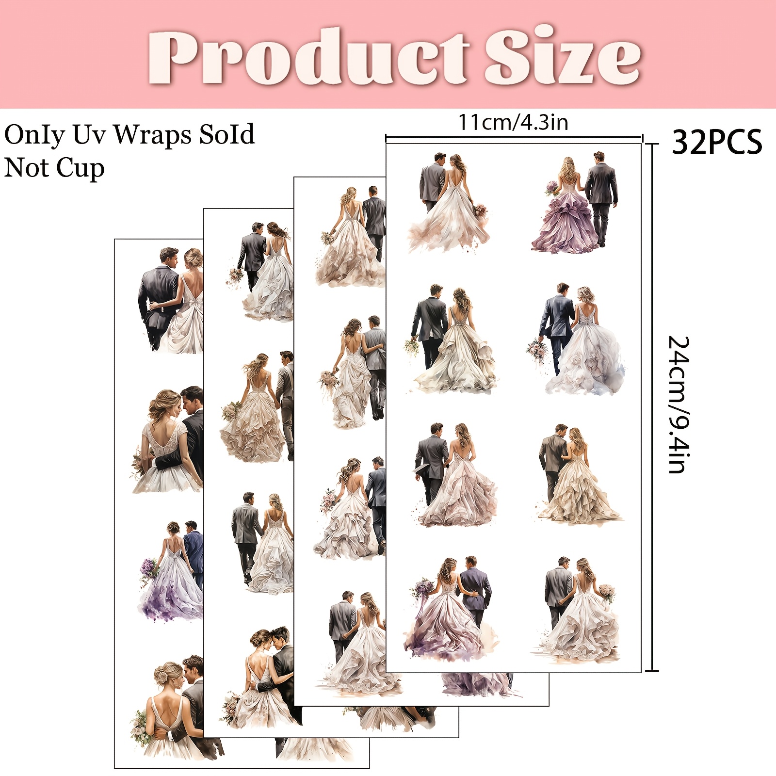 TEMU 32pcs/set Romantic Wedding Bride And Groom With ( Happy, ) Theme Uv Dtf Rub Ons Transfer Stickers For Glass Cups - Wrap, High Quality, Adhesive,