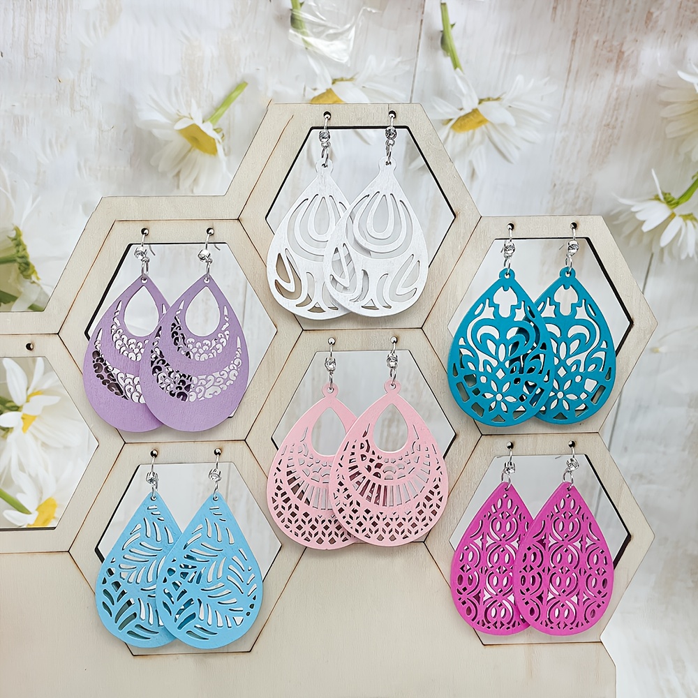 TEMU 6 Pairs/set, Fashionable And Colorful Ethnic Style Wooden Hollow Pendant Earrings With Elegant , Dopamine Color Matching, Spring-summer Holiday