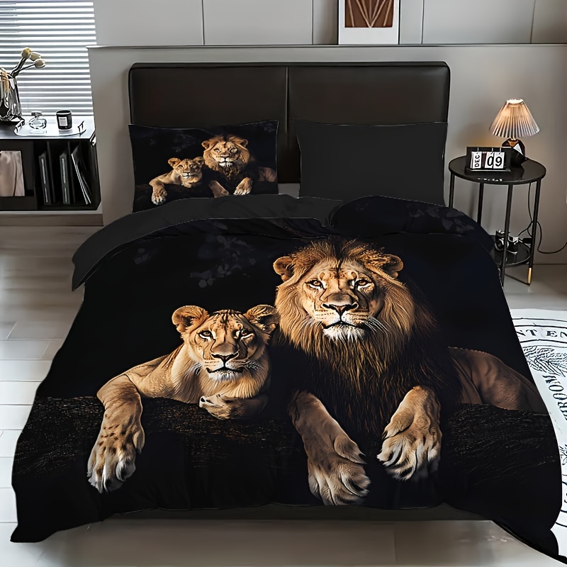 Image of 2pcs/3pcs Duvet Cover Set (1 Duvet Cover + 1pc/2pcs Pillowcase, Without Core), 3d Elegant Luxury Simple Black Background A Lion Couple Animal Printed Bedding Set For Bedroom And
