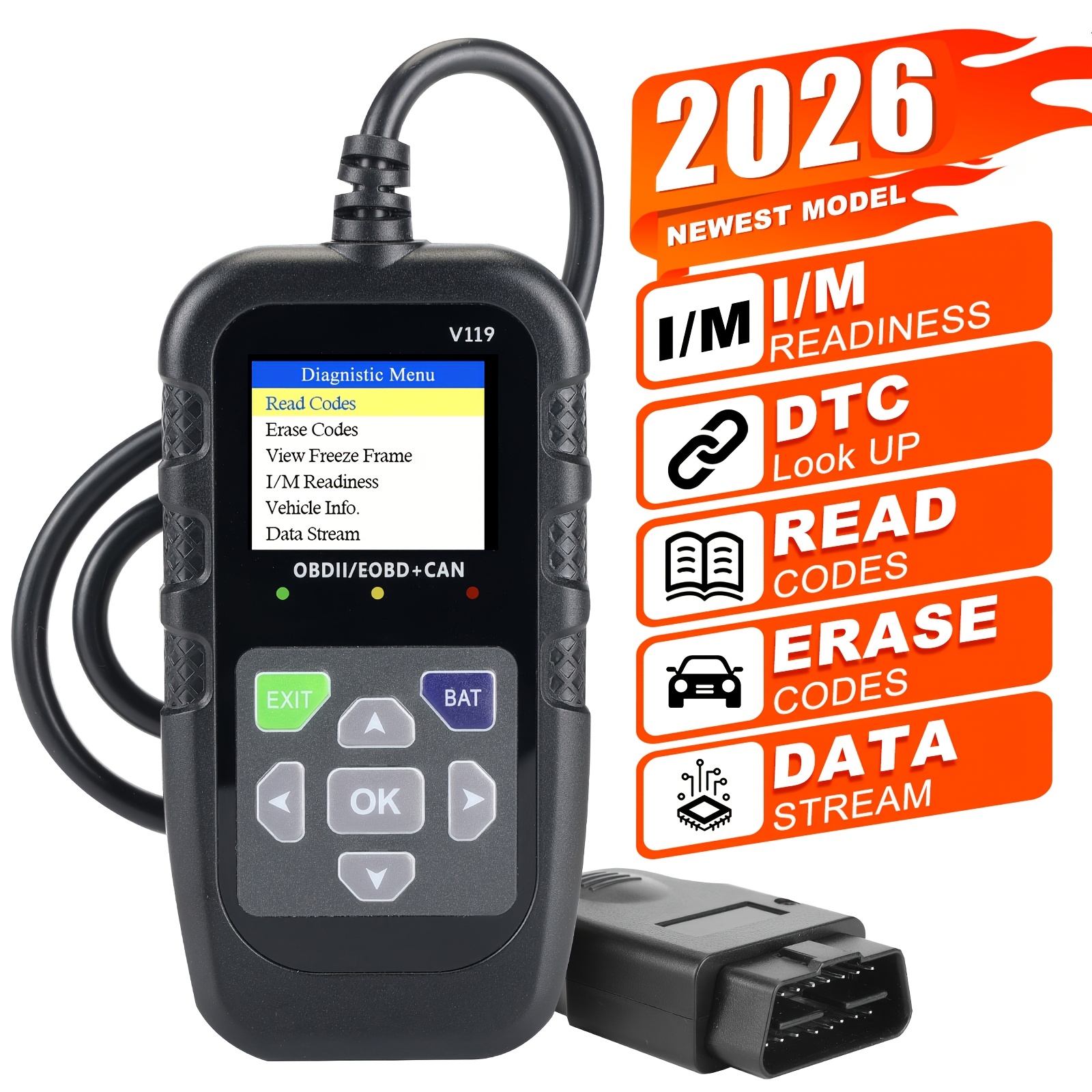 TEMU Obd Powered Car Scanner V119 - Engine Trouble Code Reader And Diagnostic Tool - Compatible With All Vehicles , Up To 36v, No Battery Required
