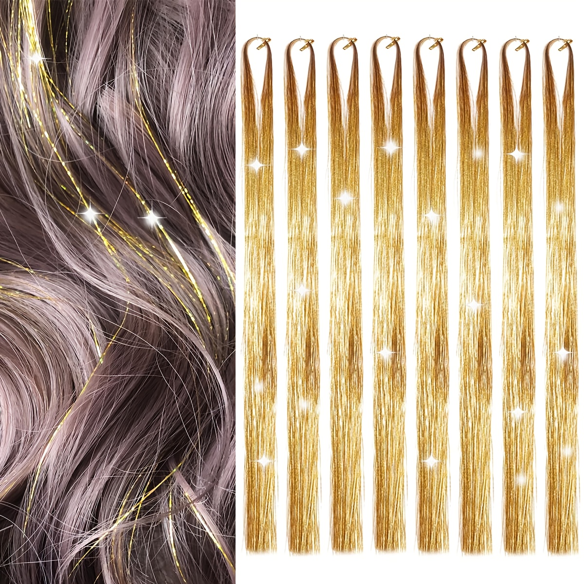 8pcs   glitter hair tinsel extensions - heat resistant, sparkling fairy hair accessories for women,   halloween & parties, party hair accessory | glittery hair extensions | heat resistant fiber, hair accessories Product details 2