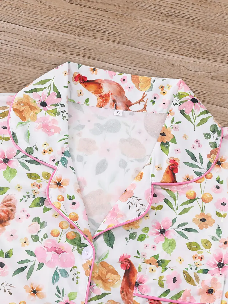 2pcs colorful country style rooster print womens pajama set short sleeve shirt with collar button and loose elastic shorts beautiful and fashionable daily wear holiday costume casual outdoor home comfortable womens pajamas and loungewear Product details 2
