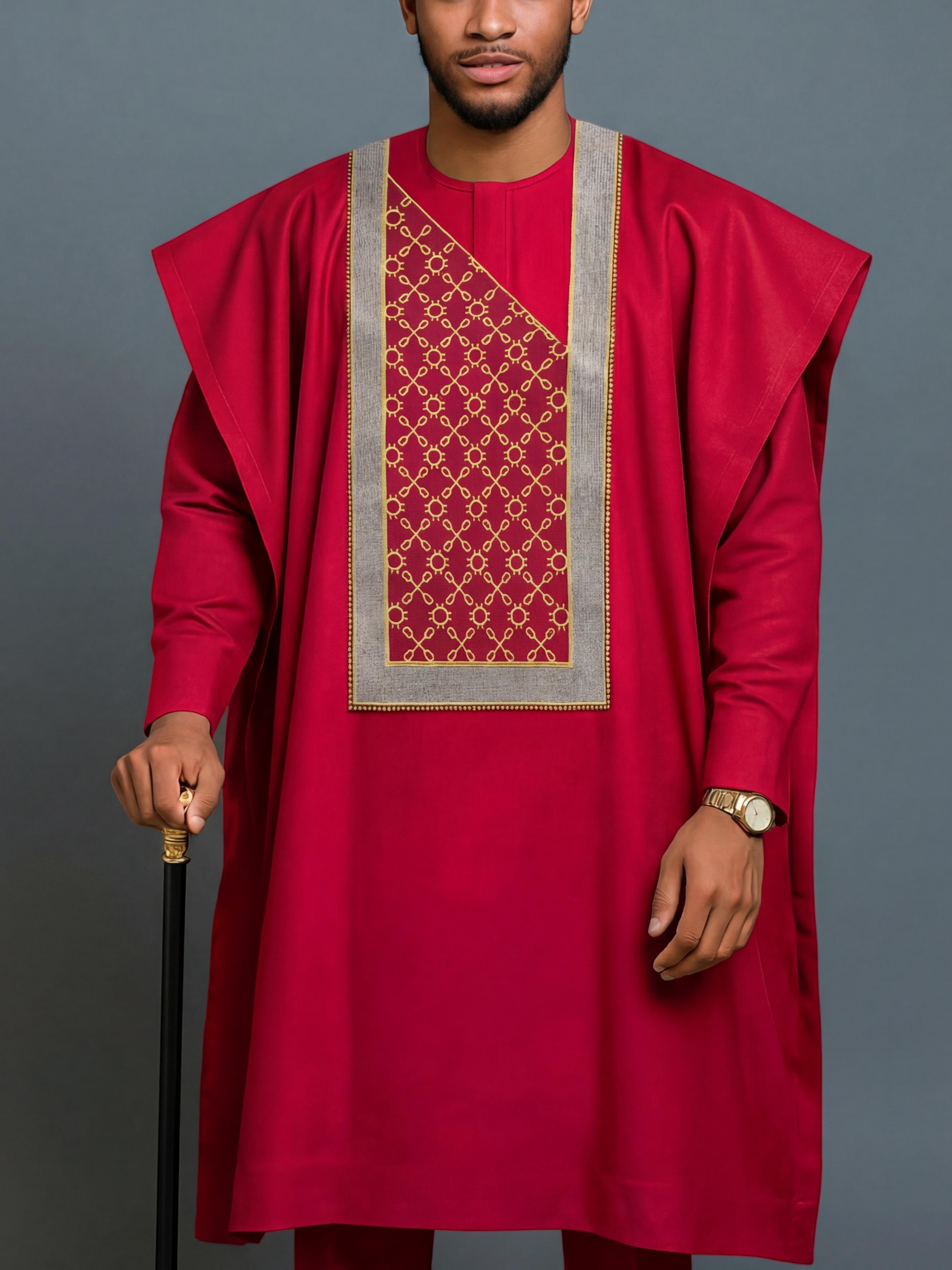 Men's Agbada 3pcs Set, Embroidered Pattern, Crew Neck, Hidden Buttons, Slit Hem with Pockets, Ethnic Pattern Robe, Long-Sleeve Shirt, Drawstring Elastic Waist Pants, Suitable for Banquets, Birthdays, Gatherings, Weddings, Holiday Celebrations, Dates