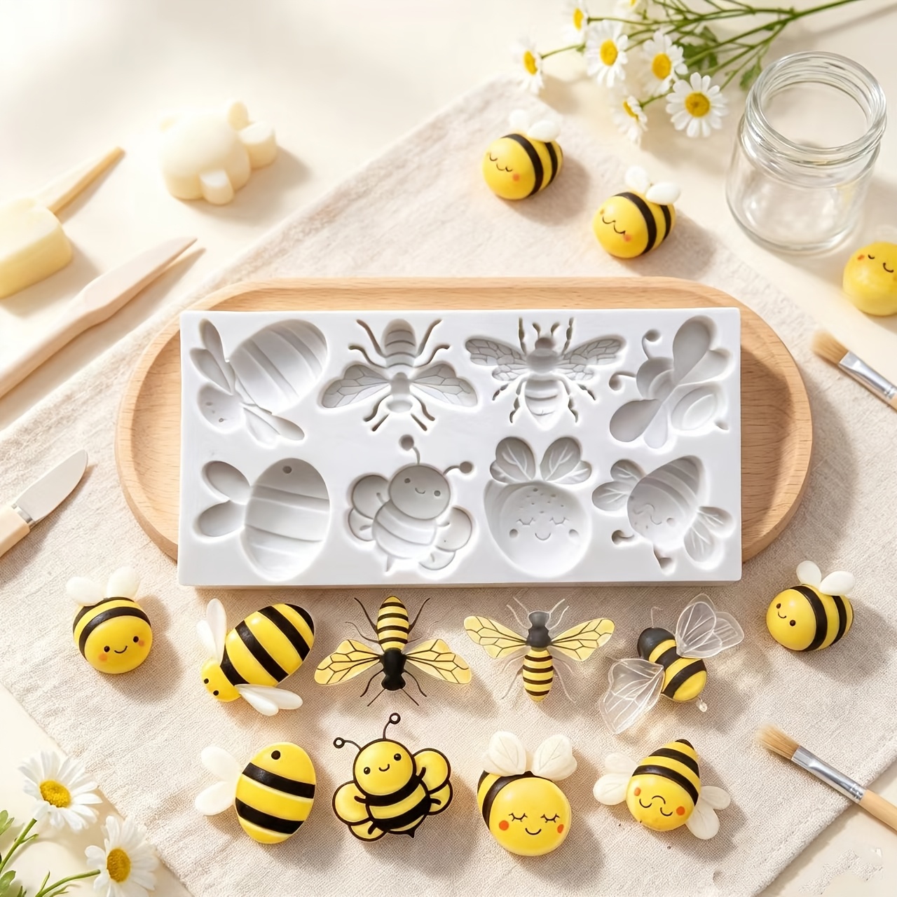 TEMU 8-cavity Bee Silicone Mold - 3d Shaped Aromatherapy Candle Mold, Handmade Diy Home Decor Mold, Plaster Diffuser Stone Epoxy Resin Ornament Mold,