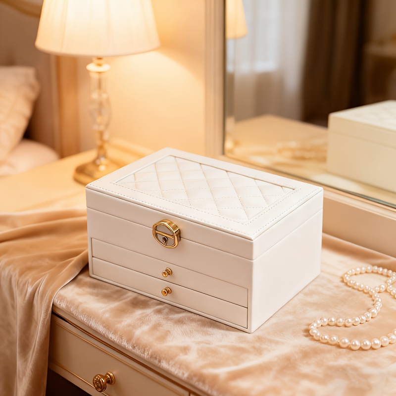 TEMU Exquisite Three-layer Large Capacity Jewelry Ring Jewelry Box, Vintage Diamond Grid Drawer Style Jewelry Storage Box, Jewelry Box With Key Lock,