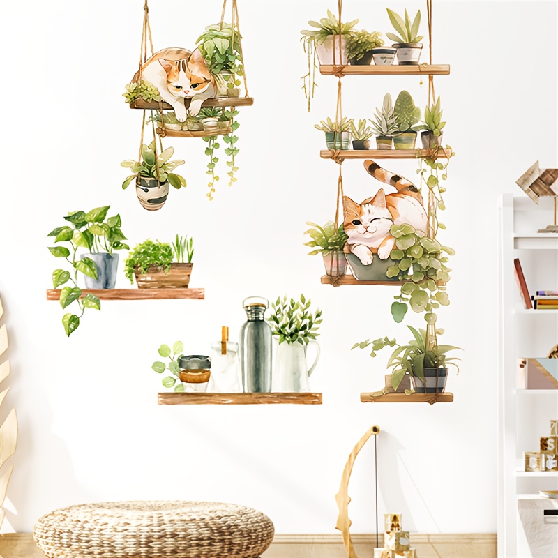 Image of Self-adhesive Wall Stickers For Home Decor Featuring Painted Cats And Green Plant Pots