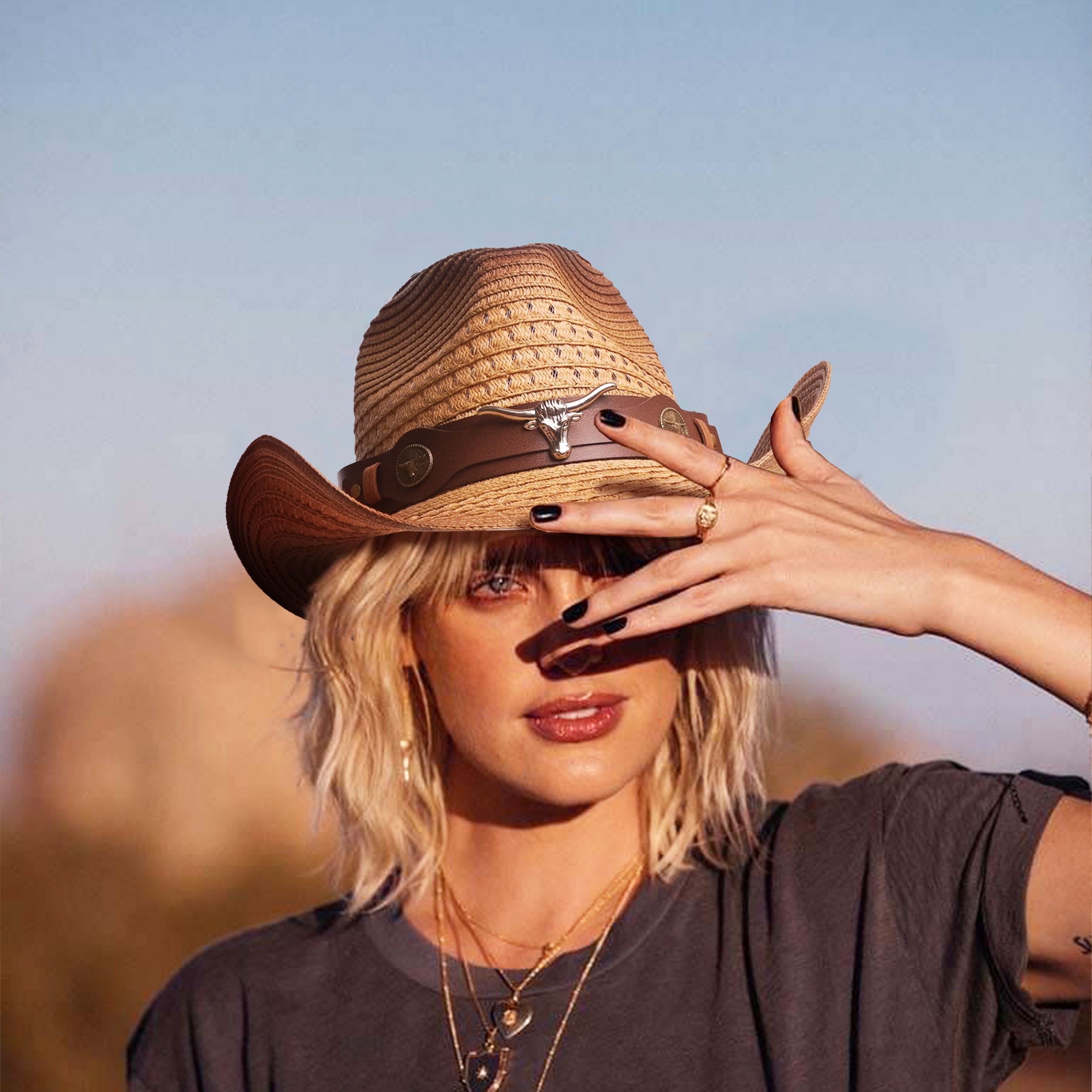

Unisex Tie-dye Cowboy Hat, Outdoor Sunshade Western Cowgirl Sun Hat, Straw Cap