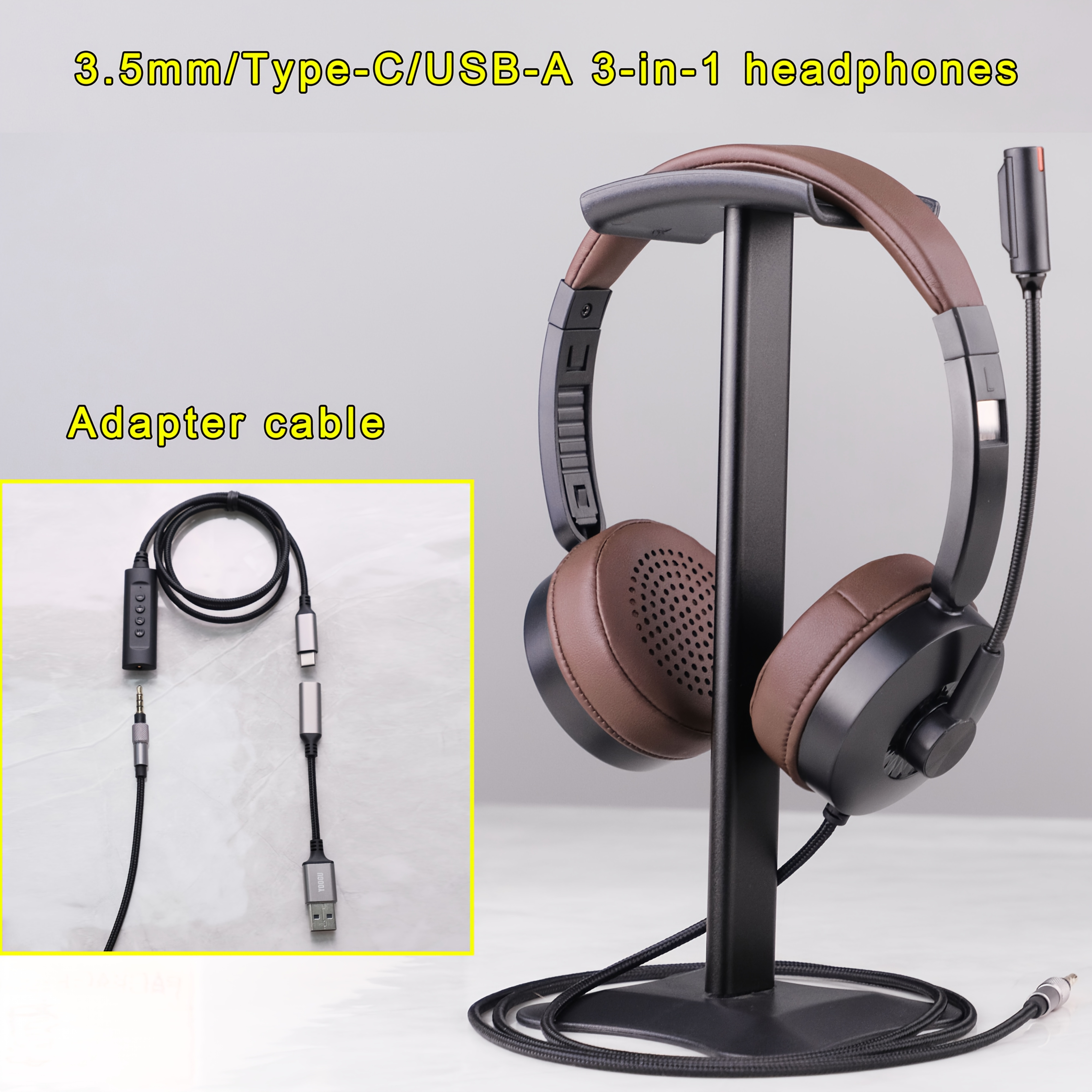 auscultadores over-ear 3-  de 3,5 mm/type-c/usb-a, headset com fio, banda ajustável, microfone  , volume ajustável,   de mute,   de mute do microfone