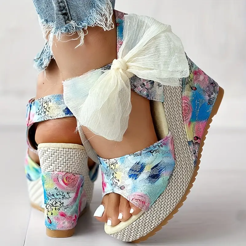 womens floral print wedge sandals peep toe bowknot strap platform shoes casual hoho beach shoes details 7