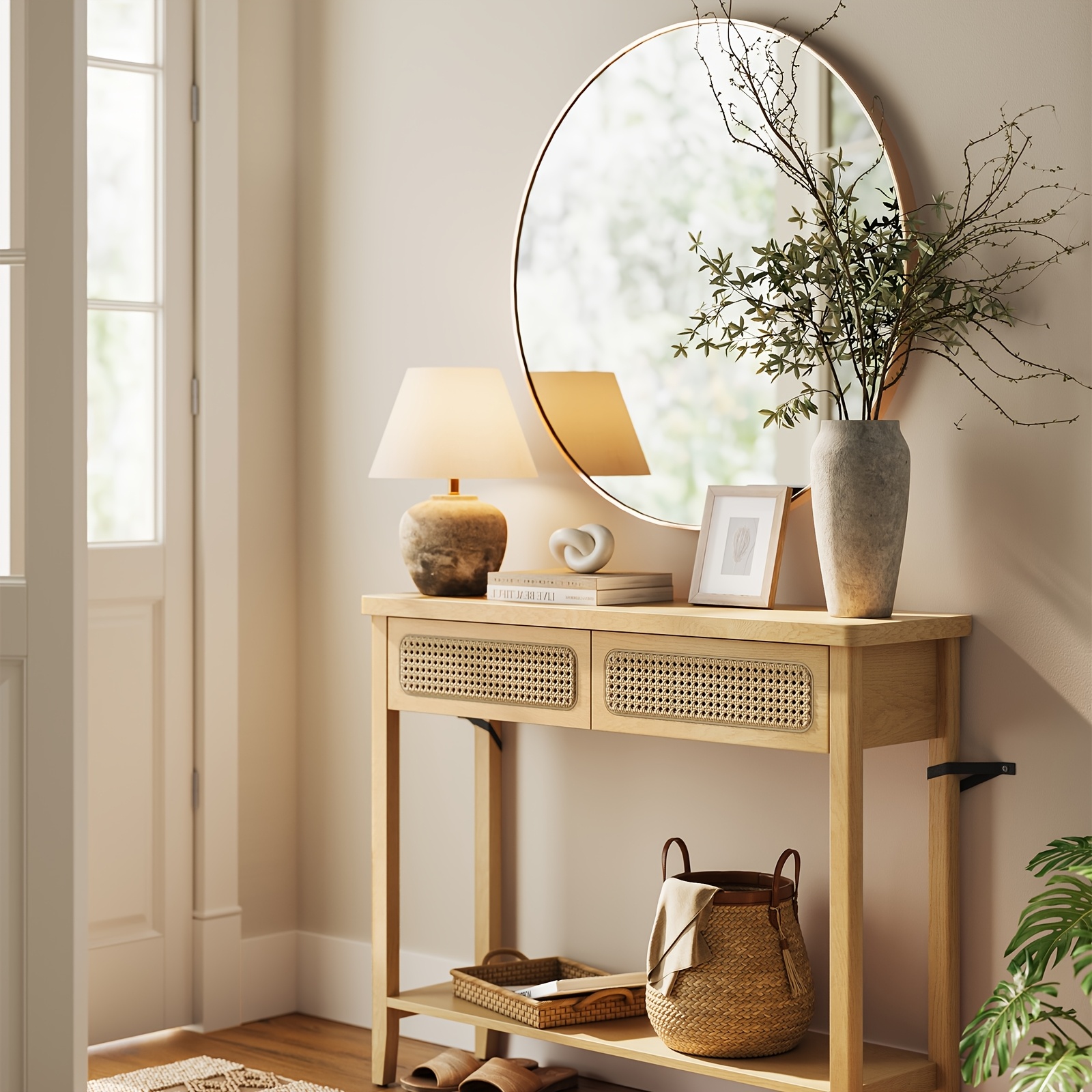 Console Table For Hallway, Slim Sofa Table For Living Room, Hallway Table With 2 Drawers, Open Shelf, Rounded Corners, Boho Style