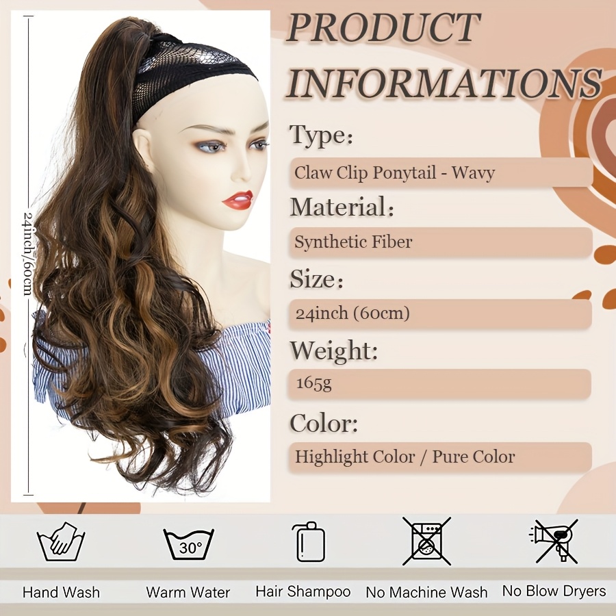1pc long 24 clip in ponytail hair extensions heat resistant synthetic ponytail with jaw clip dark brown blonde gray black beige volume dimension for parties everyday   womens hairstyle addition details 2