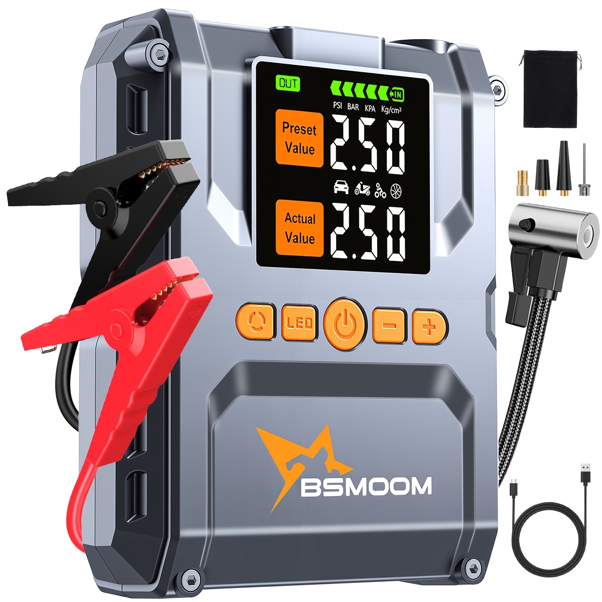 TEMU Bsmoom 12000a Portable Car Jump Starter, Cordless Tire Inflator Air Compressor With Dual Digital Displays, 12v Car Battery Booster With Power