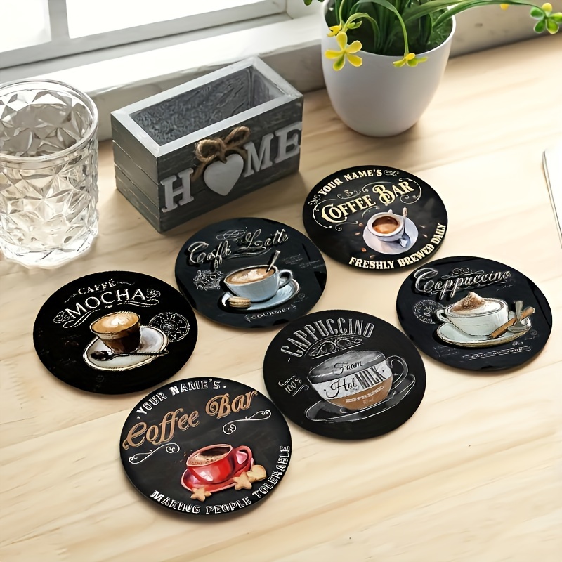 

6pcs Set Of Coffee-themed Wooden Coasters, Used For Drinks, Home Decoration Coasters, Suitable For Home, Coffee Shop, Party Decoration, For Christmas And Holiday Gifts