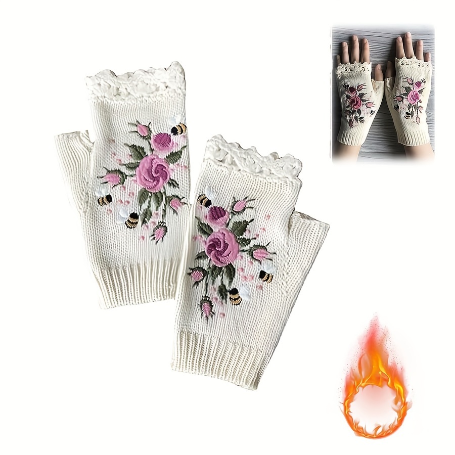 

Hand Embroidered Gloves, 2024 New Women's Knitted Gloves Flower Gloves, Winter Handmade Embroidery Knit Fingerless Gloves