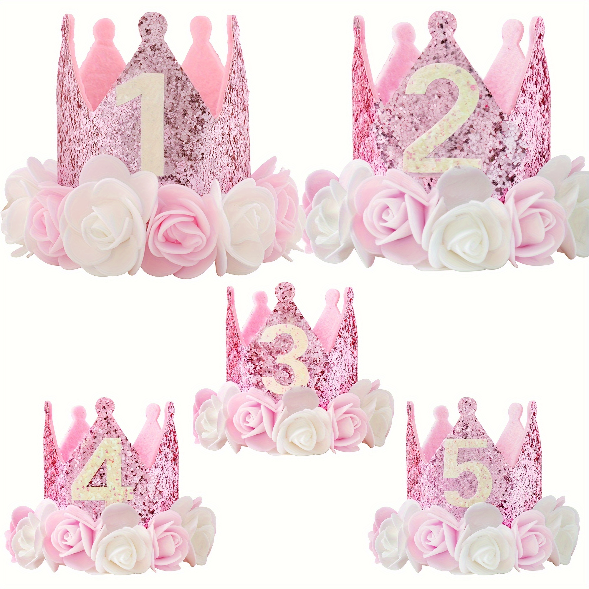 

Sequin Birthday Crown Hat For Young Celebrants - Pink & White Floral Felt Party Cap, Ideal For Showers & Celebrations