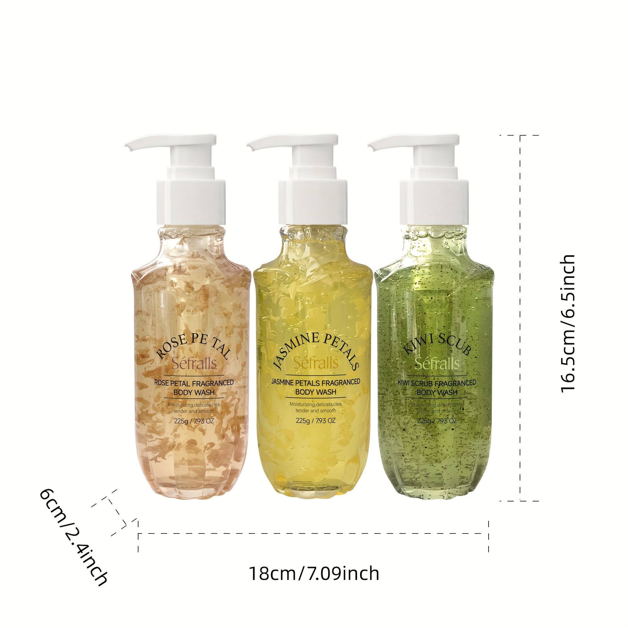 Sefralls Petal Fragrance Body Wash Set*3pcs Hydrates And Moisturizes The Skin, Featuring Kiwi, Rose, And Jasmine Scented Shower Gels with Diverse Fragrances That Provide a Long-Lasting Scent, Leaving Users Feeling
