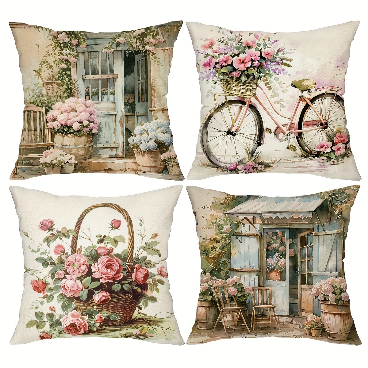 

Rustic Floral Throw Pillow Covers: 4 Pieces, 18in X 18in, Cozy Farmhouse Decor, Linen Blend, Hidden Zipper Design, Suitable For Porch, Patio, Couch, Sofa, Living Room, Outdoor Use