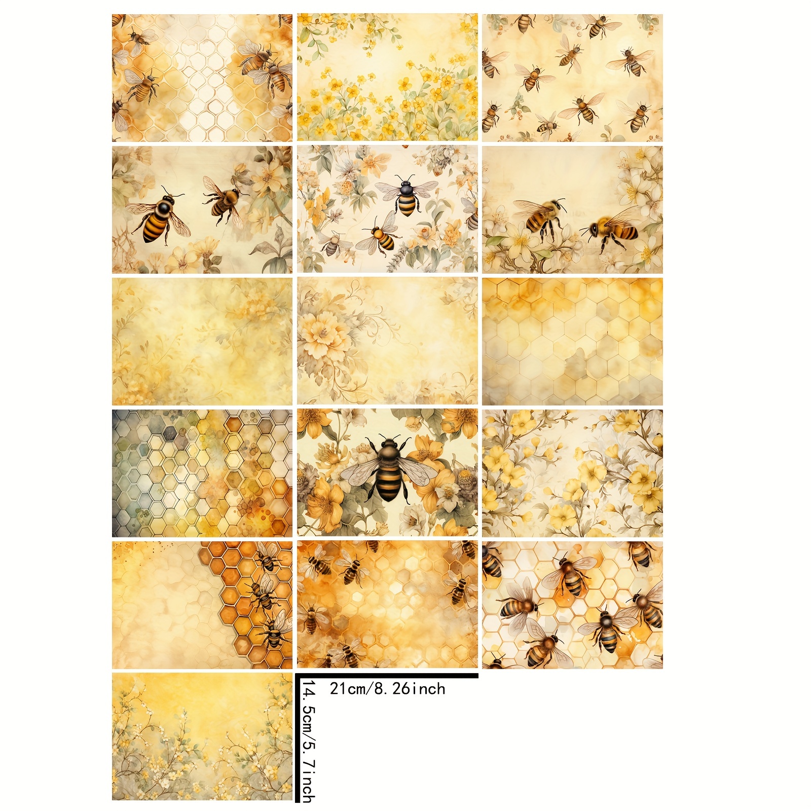 16pcs A5 Size Bee Hexagonal Honeycomb Yellow Flower Background Material Decoration Diary Trash Diary Greeting Card Planner Background Card Mat
