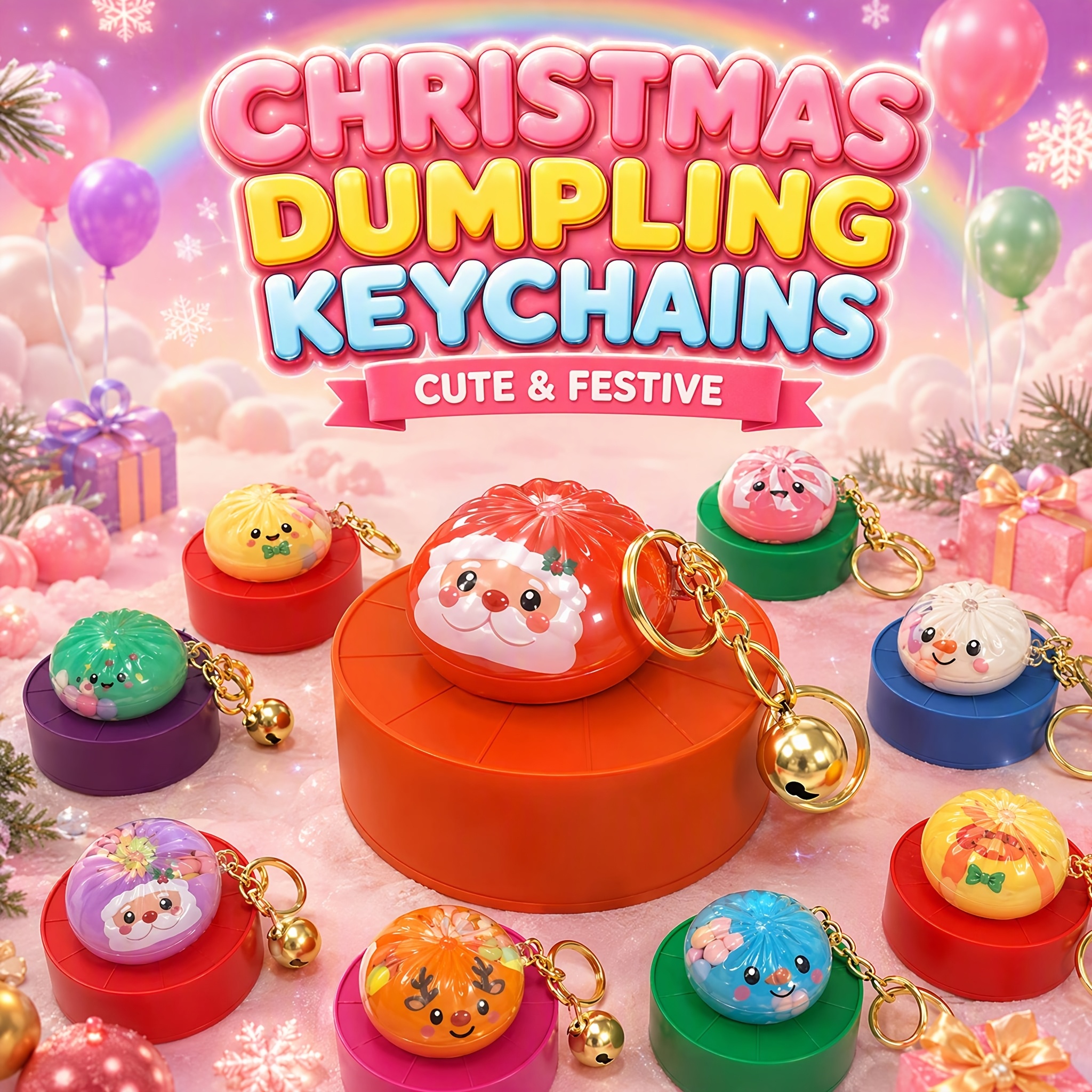 TEMU Christmas-themed Cute Bun Ornaments And Keychains, 2pcs In Random Colors And Styles, Come With A Steamer Basket Bell And A Storage Hanging