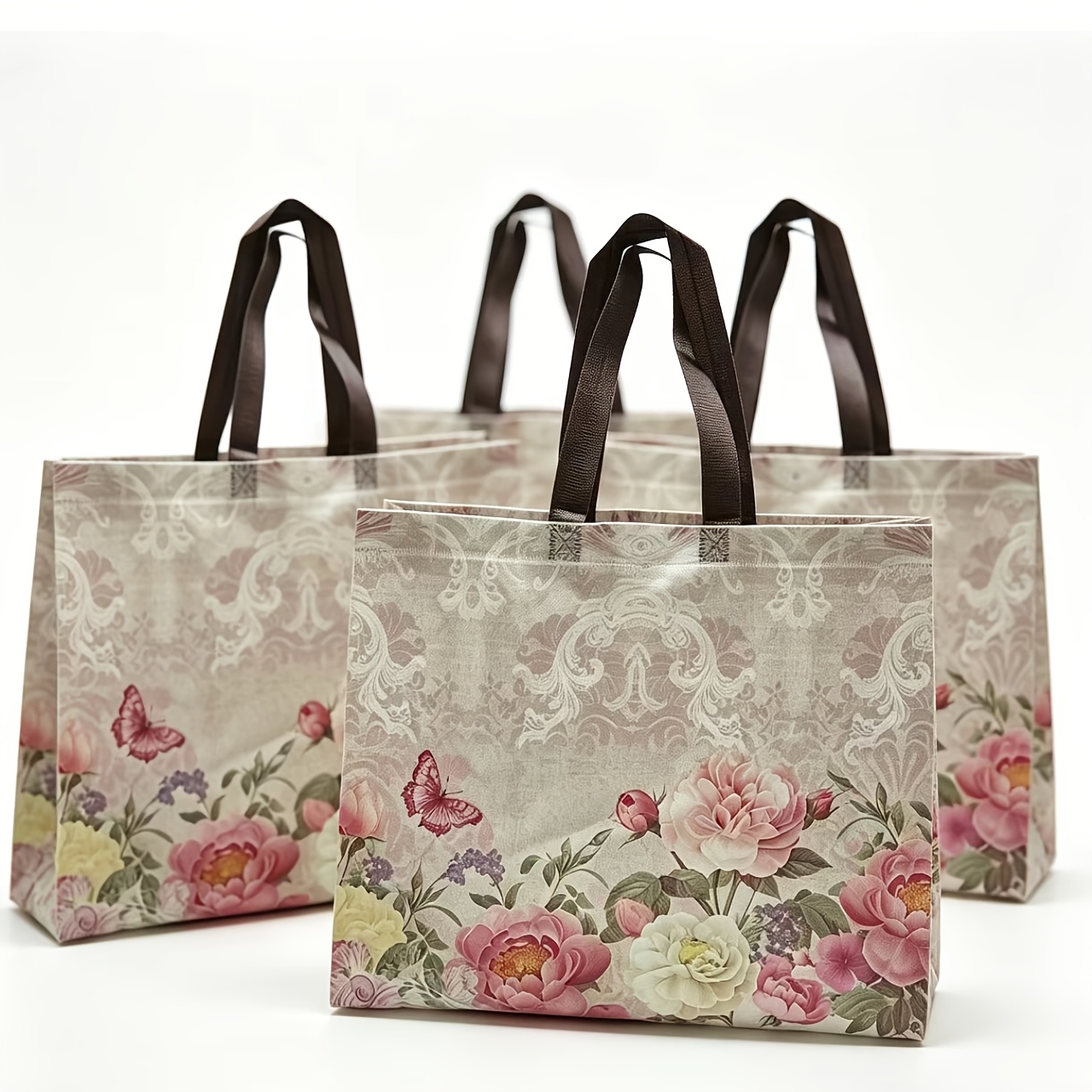 TEMU 4pcs Non-woven Fabric Retro Floral Tote Shopping Bags, Influencer Craft And Wear-resistant, All-match Gift Packaging Bag, Large Capacity Durable