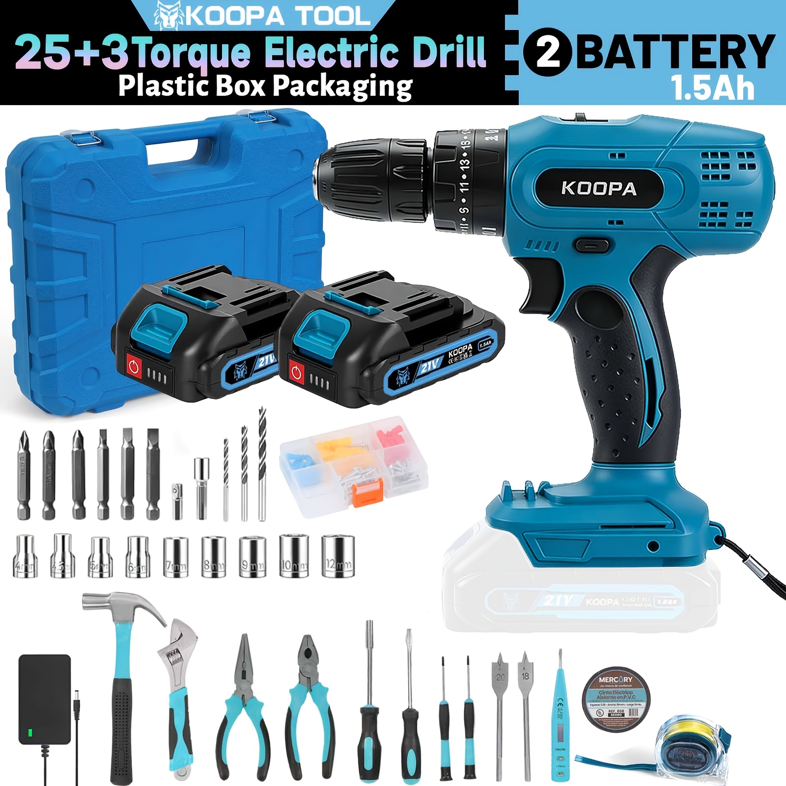 Image of Koopa For Tool Electric Screwdriver, 21v Drill Kit, Torque 25+3 Level Drill Screwdriver Set, Equipped Drill Function And Rechargeable Battery, Suitable For Toolbox For All Daily Home Decoration