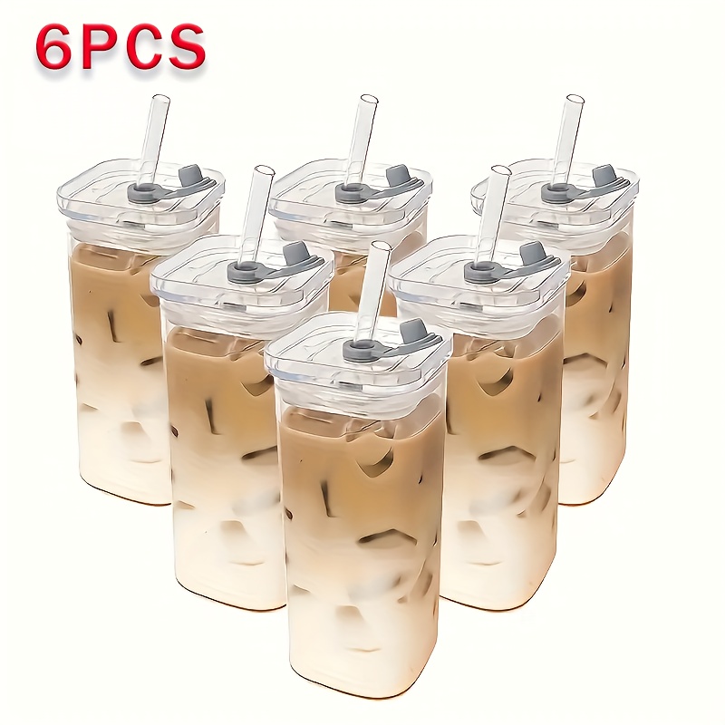 TEMU 6pcs Set Of Square Glass Cups With Lids - Portable Drinking Glasses/coffee Mugs, Includes Cup Covers/straws, Gift For , Ideal For Office, Home,