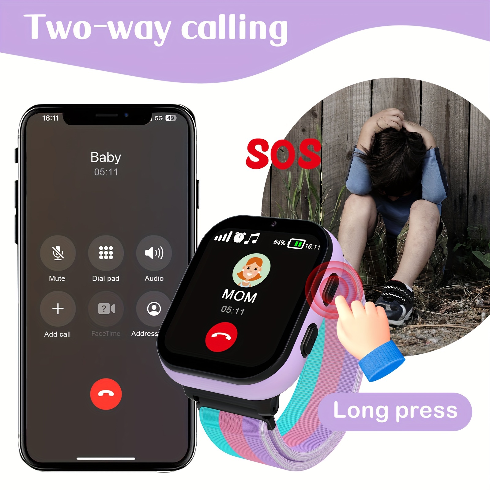 PTHTECHUS 4G Smart Watch For Kids, Smartwatch With Phone Call, Video, Camera, MP3, SOS, Music, And Puzzle Games, Gift For Boys And Girls For Ages 4-12 Purple