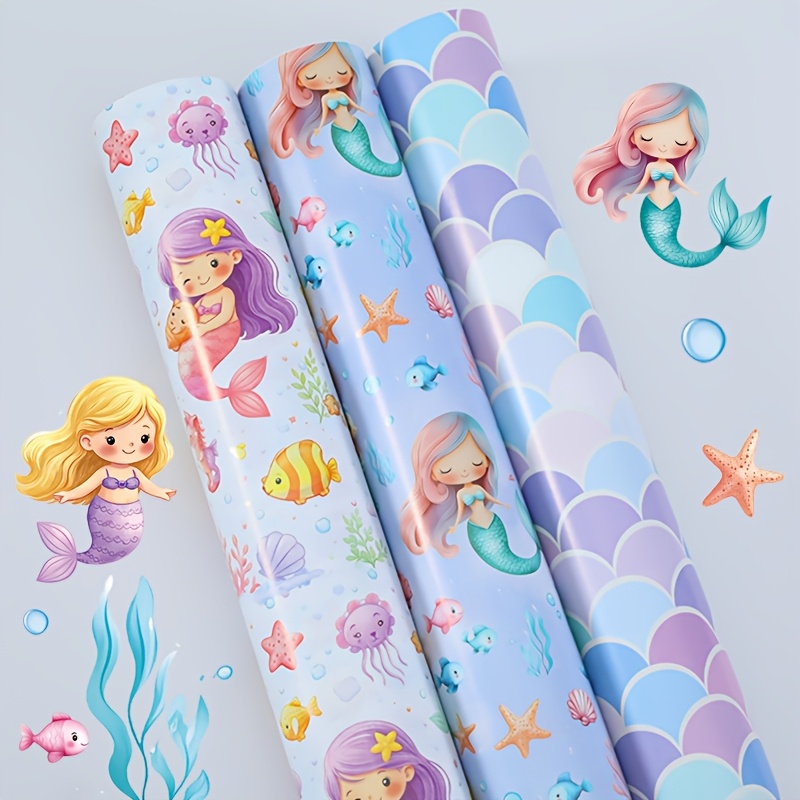 3pcs Cartoon Mermaid Gift Wrapping Paper, 27.56*19.69 Inches, Cute Mermaid Mixed Style Wrapping Paper, Happy Birthday Party Decoration, Anniversary Wedding Party Supplies, Event Party Gift Wrap
